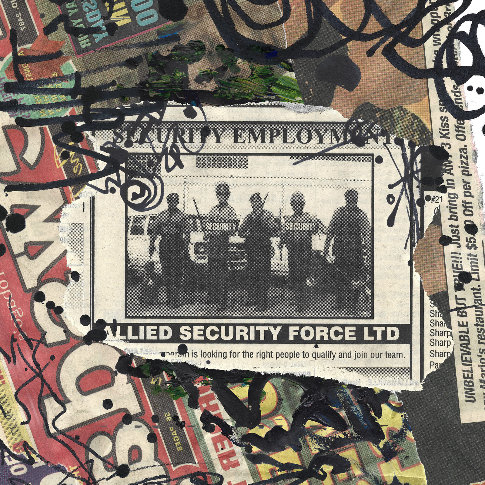 ALLIED SECURITY FORCE LTD by Hunter Lofgren: a mixed-media collage dominated by a torn security-employment newspaper advertisement, layered with black gestural marks, coloured print fragments, halftone figures, and painted textures.