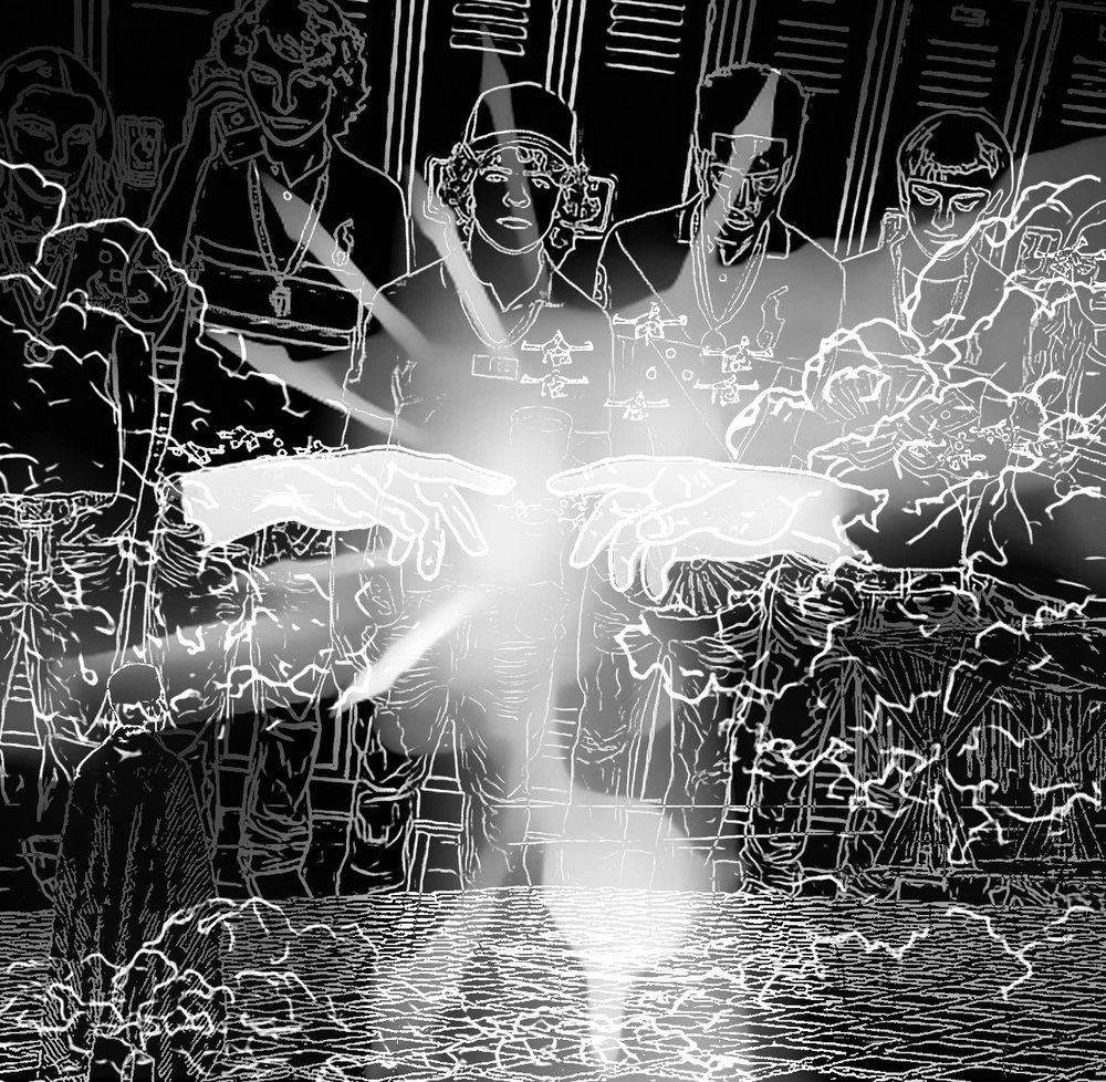 I've Seen the Strangest Things by Hunter Lofgren: a high-contrast black-and-white scene of figures around a table with outstretched hands, ringed by glowing electric-white lines.